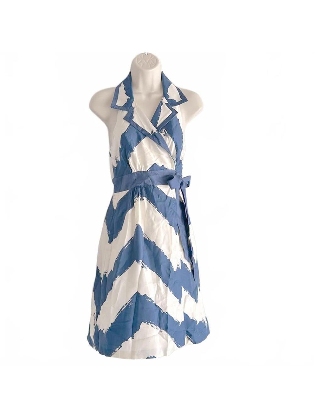 TIBI Silk Halter Dress in Blue Creamy White  | Wrap Front & POCKETS | Size 2